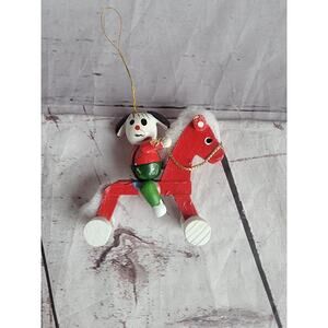Vintage Wooden Rocking Horse With Dog Christmas Ornament read